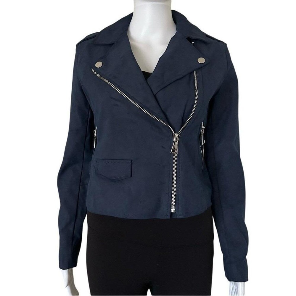 Nine West Vegan Leather Suede Moto Biker Navy Blue Jacket XS